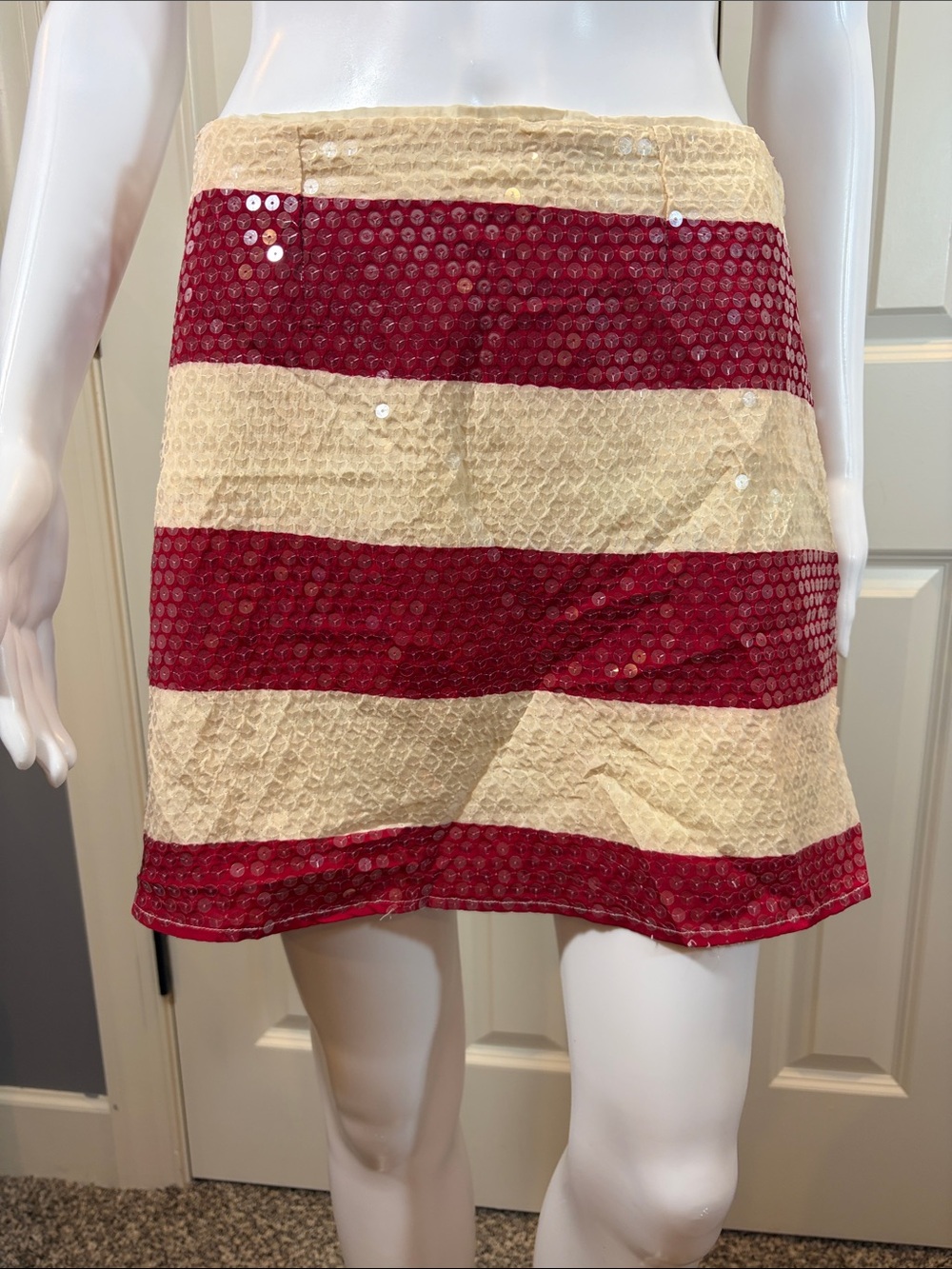 Judith March Red and Cream Striped Sequin Mini Skirt